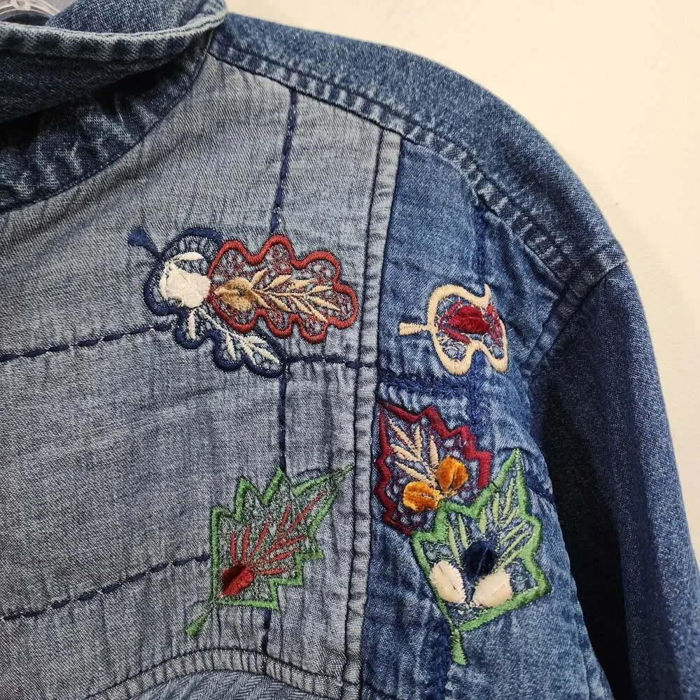 Vintage Keren Hart embroidered and quilted denim button front jacket woman sz XL